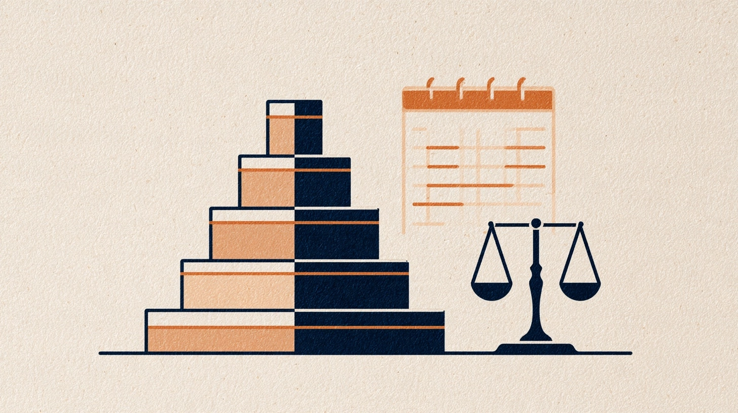 Gestufte Pyramide, Waage und Kalender als Sinnbild für Regeln und Fristen