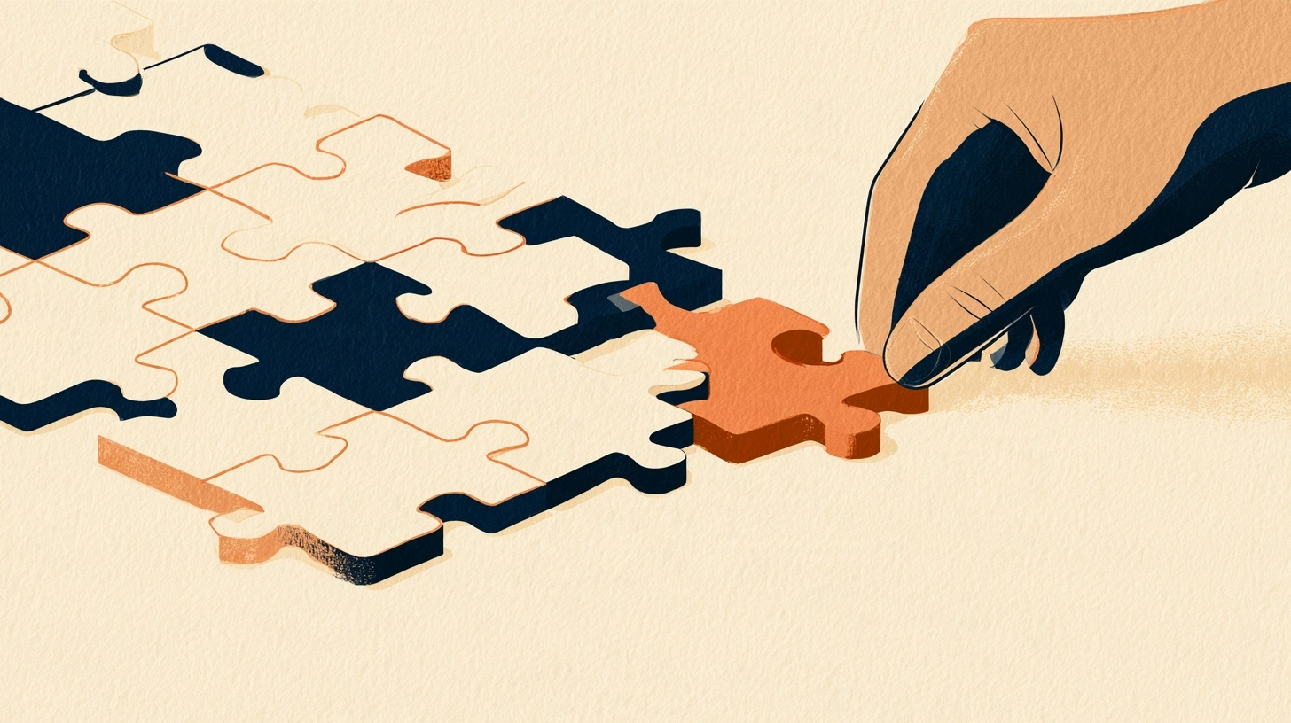 Eine Hand setzt ein kupferfarbenes Puzzleteil ein