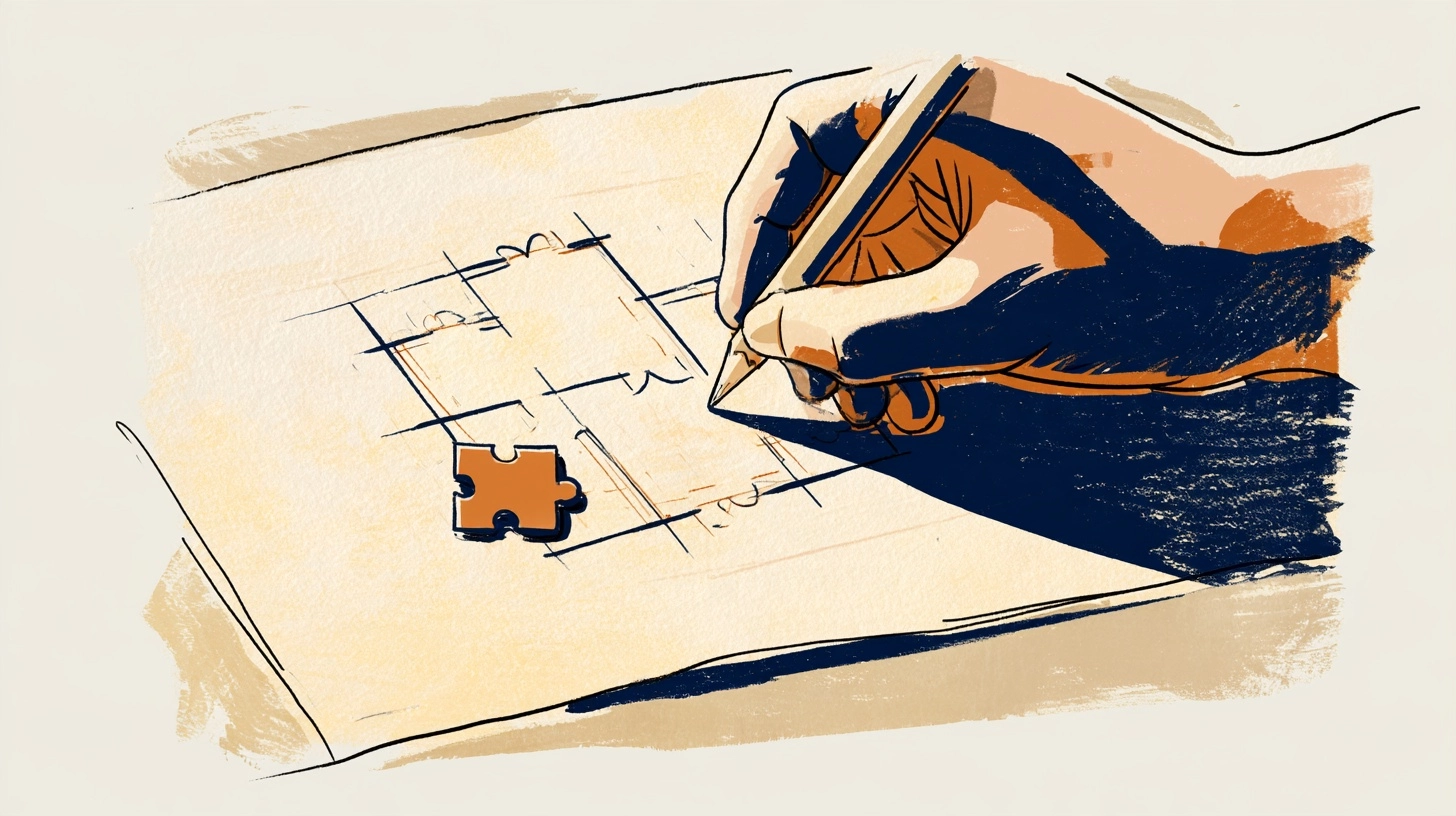 Eine Hand skizziert einen Bauplan, daneben ein Puzzleteil