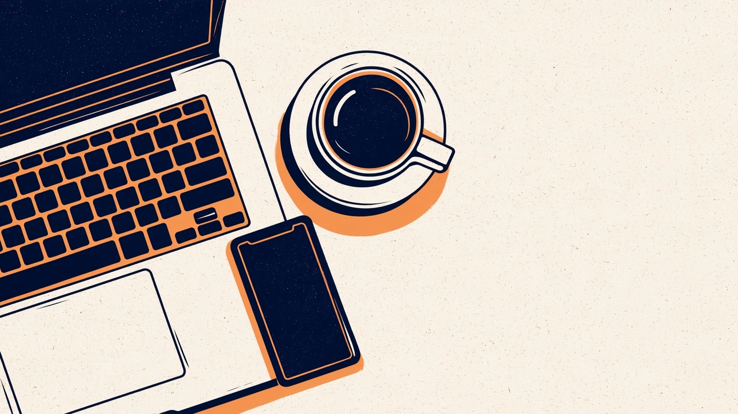 Laptop-Tastatur, Smartphone und Kaffeetasse
