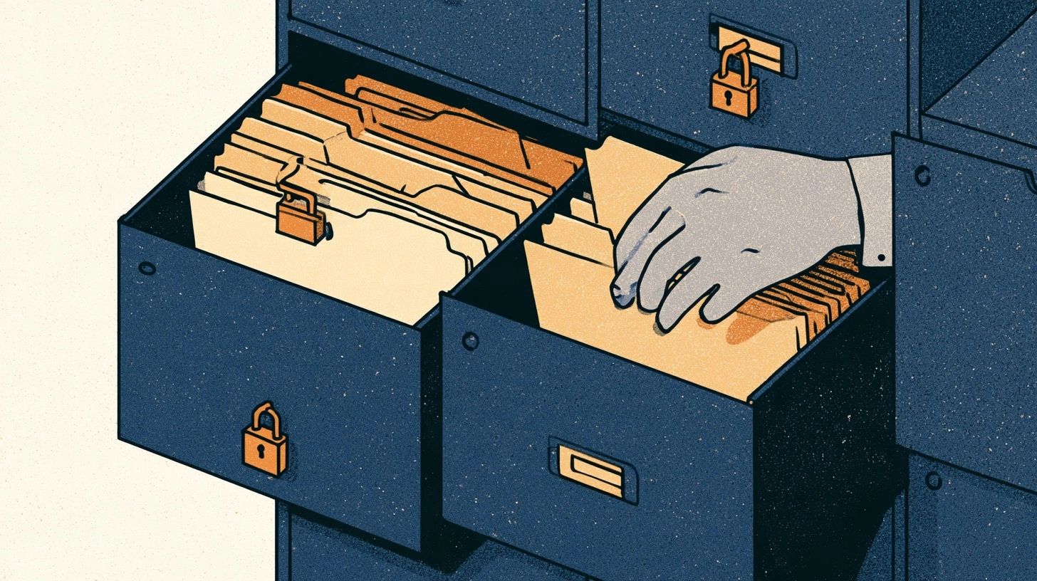 Aktenschrank mit Vorhängeschlössern, eine Hand sortiert Ordner